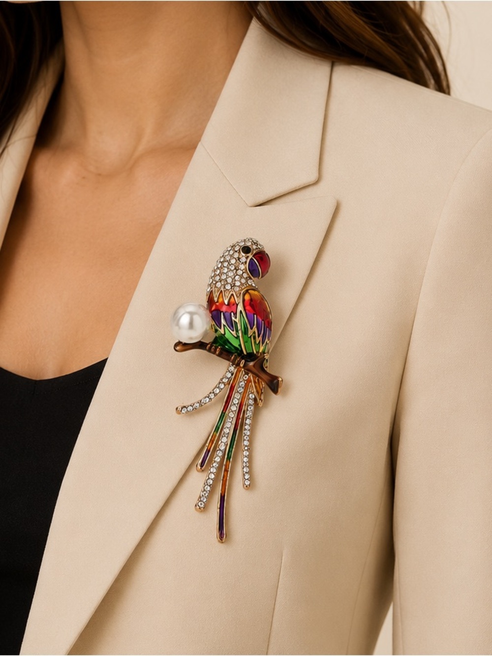Exotic Tropical Parrot Jeweled Crystal Pearl Brooch